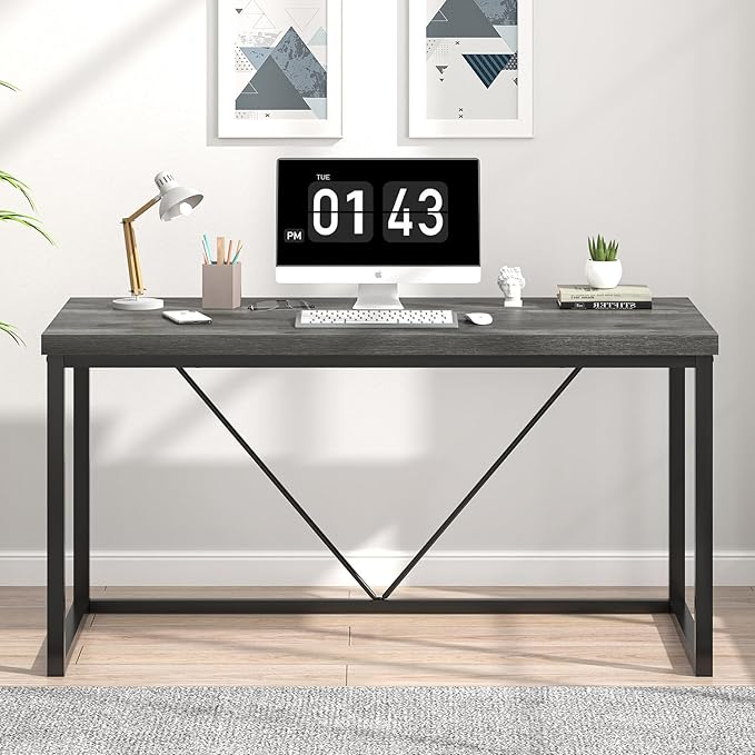 EXCEFUR Modern Home Office Desk Wood and Metal Computer Desk Industrial Writing Study Gaming Table for Living Room Bedroom Rustic Grey 53 inch