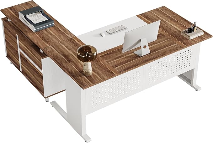 Tribesigns 63-Inch L-Shaped Executive Desk with Storage Shelves Large Office Computer Desk with Drawers and File Cabinet Industrial Business Workstation for Home Office Walnut and White