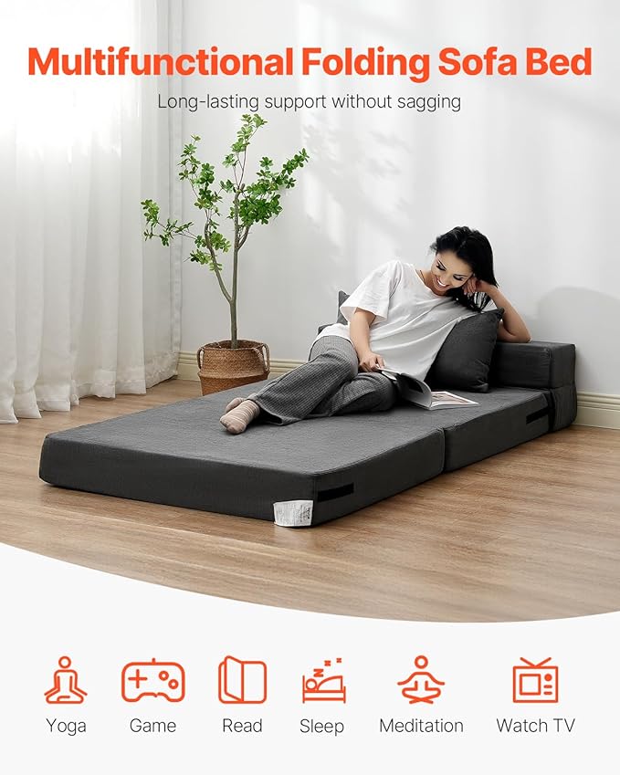 VEVOR Folding Sofa Bed 3-in-1 Foldable Couch Bed with 2 Pillows and Washable Cover 25D High Density Memory Foam Convertible Sleeper Chair Bed Futon Couch for Living Room Bedroom Dark Grey(Twin)