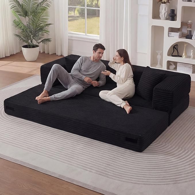 GNIXUU 78.7 Boneless Convertible Sleeper Sofa Bed 4-in-1 Folding Corduroy Futon Couch Bed Oversized Loveseat Modular Floor Mattress Couch for Living Room Bedroom Lounge No Assembly Black