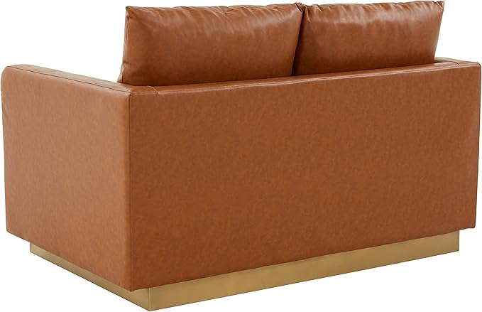 LeisureMod Nervo Modern Upholstered Leather Loveseat Sofa 2-Seater Living Room Couch with Gold Metal Base and Removable Cushions Small Space Furniture for Living Room Office Cognac Tan