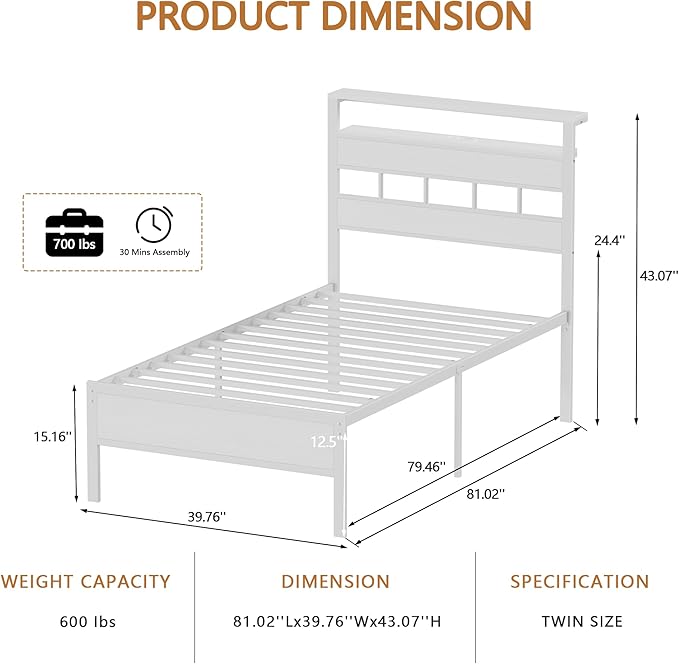 Furnulem Twin Bed Frames with Charging Station and LED Lights Twin Size Platform Bed with Metal Slats Wood Headboard with 2-Tier Storage Shelves No Box Spring Needed White