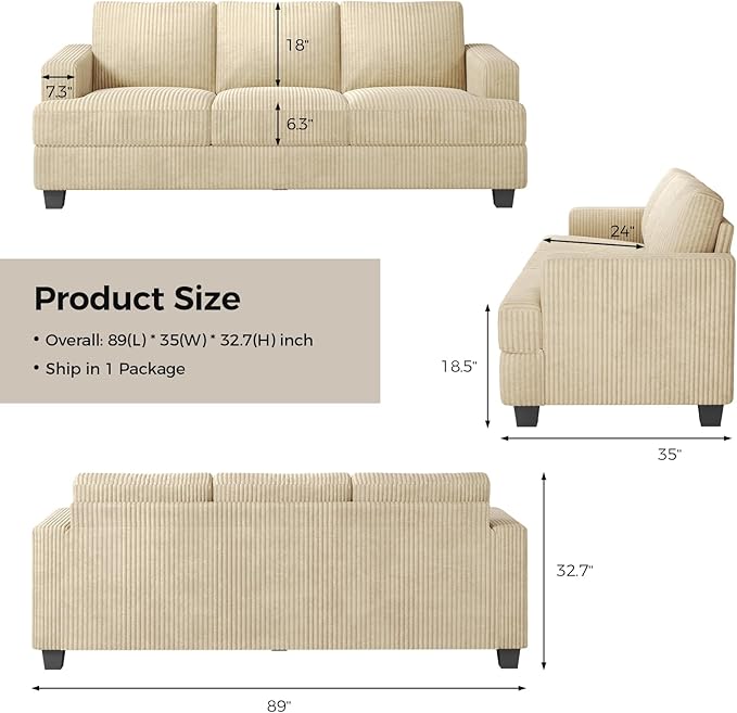 89 Inch Sofa with Extra Deep Seats Oversize 3 Seater Sofa for Living Room Modern Couch and Sofa Comfy Armrests and Seats and Backrests Easy InstallationWide Corduroy Fabric Beige