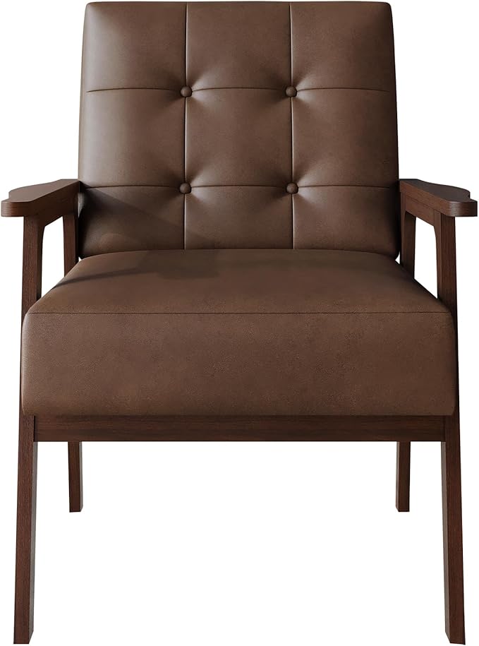Accent Chair with Button-Tufted Polyurethane Upholstery Wooden Armrests Cushioned Seat Easy Assembly Brown