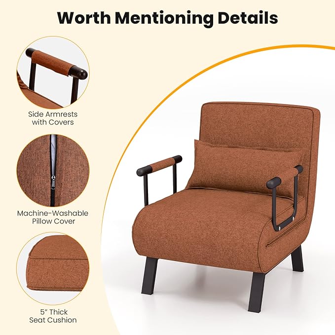Giantex Convertible Sofa Bed 4-in-1 Sleeper Chair with Pillow Modern Recliner Guest Bed with 6 Position Adjustable Backrest Metal Legs Linen Fabric Armchairs for Nursery Living Room Office (Brown)