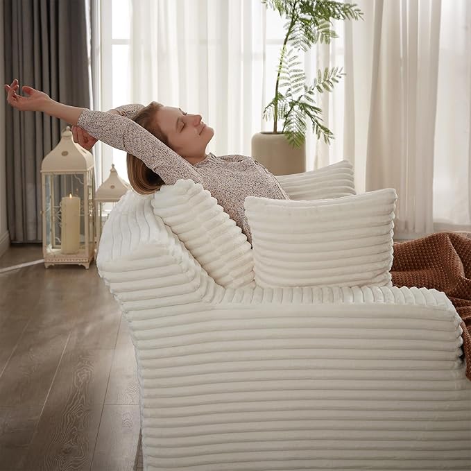 49.2 Oversized Chaise Lounge Chair Deep Seat Upholstered Cozy Cloud Couch Modern Corduroy Floor Sleeper Sofa Bed Reading Chair for Living Room Bedroom Apartment Office Indoor White