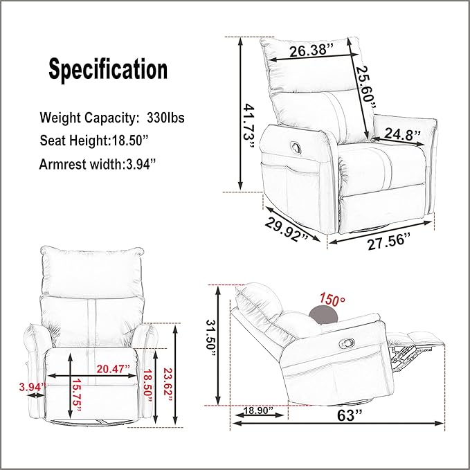 270° Power Swivel Rocker Recliner Chair for Adults – Electric Reclining Small Sofa Chair with Smooth Rocking &amp Rotation Comfortable Single Recliner for Living Room Bedroom (Light Gray+PU)