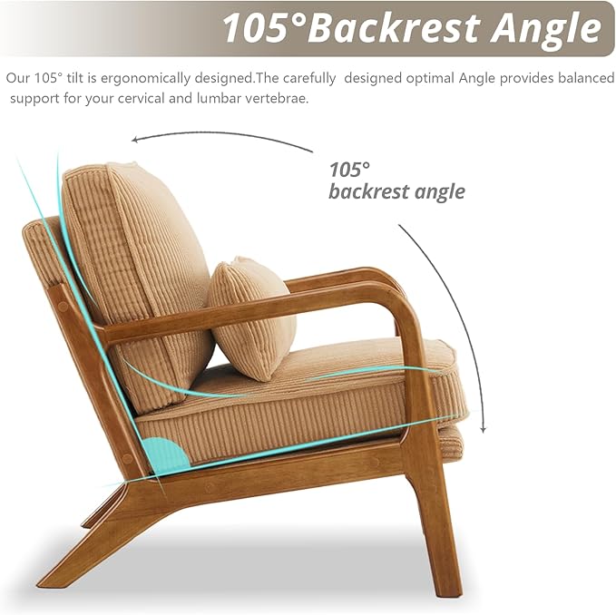 Karl home Mid-Century Modern Accent Chair Living Room Chairs with Pillow Upholstered Lounge Armchair with Solid Wood Frame &amp Soft Cushion for Bedroom Reading Room Corduroy Khaki (Low Back)