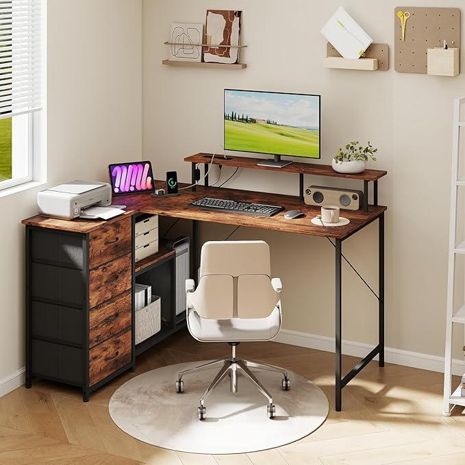 Somdot 53 L Shaped Desk with 4 DrawersHome Office Desks with Power OutletsGaming Desk with USB Charging Port and Host Stand Corner Desk with Storage Shelves for GamingWood Grain Print