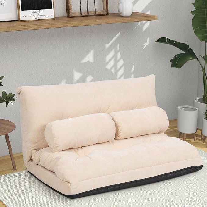KOMFOTT Foldable Floor Lazy Sofa with 2 Pillows 6-Position Adjustable Reclining Sofa Sleeper Bed Convertible Futon Couch Bed Floor Couch Lounge for Relaxing Reading Playing Gaming (Beige)