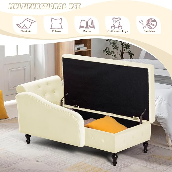 Upholstered Chaise Lounge with Right Armrest &amp Lumbar PillowButton Tufted Lounge Sofa with StorageLounge Chair IndoorModern Velvet Lounge Chair for Bedroom Living Room and OfficeBeige