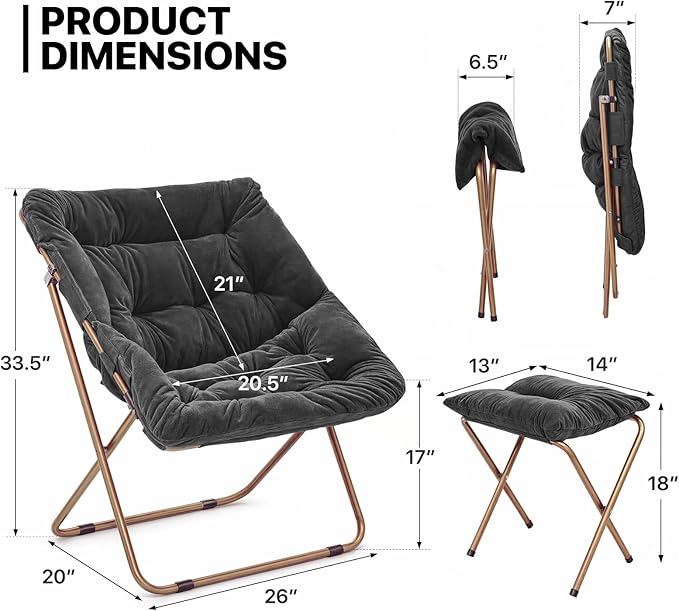 MoNiBloom Square Folding Faux Fur Saucer Chair for Bedroom Living Room Dorm Foldable Metal Frame Oversized Large Comfy Furry Padded Soft Cozy Moon Chair with Footrest Ottoman for Adults (Black 2 Set)