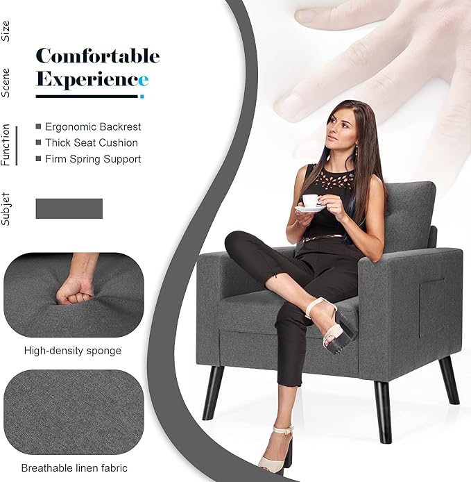 Giantex Modern Accent Chair Upholstered Living Room Chair Button Tufted Single Sofa Couch Bedroom Reading Guest Room Patented Linen Fabric Armchairs with Side Pockets and Wood Legs Gray