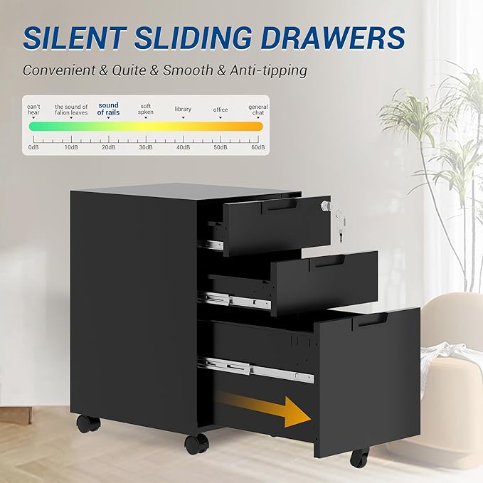 3 Drawer Vertical File Cabinet Mobile Filling Cabinets with Lock for Legal/Letter Size Pre-Built Office Storage File Cabinet with Wheels Under Desk - Fully Assembled