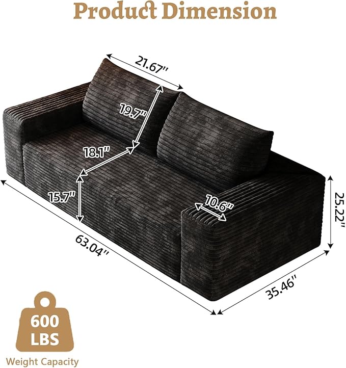 Boneless Sofa Compressed Sofa Couch in a Box Deep Seat Couch for Living Room Bedroom Conference Room Apartment Backrest Pillow No Assembly (Black 63)