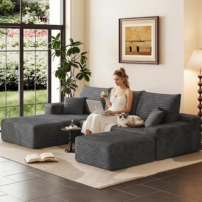 95 Modular Sectional Sofa Cloud Sectional Couch with Deep Seat Corduroy Boneless Couch with U Shaped Couch for Living Room No Assembly Required(Dark Gray Left Facing Chaise)