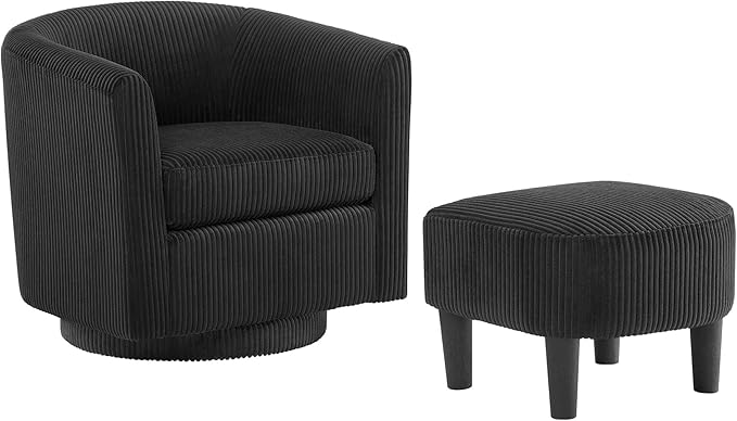 Boucle Swivel Barrel Chair with Ottoman White Sherpa Accent Chair with Curved Backrest &amp Pillow Comfy Upholstered Armchair for Living Room Bedroom Reading Spaces (Black)