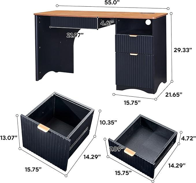 55 Computer Desk with Keyboard Tray Modern Office Desk with Power Outlets 2-in-1 Main Drawer &amp Adjustable File Drawer Fluted Design Home Office Desk (Walnut with Black)