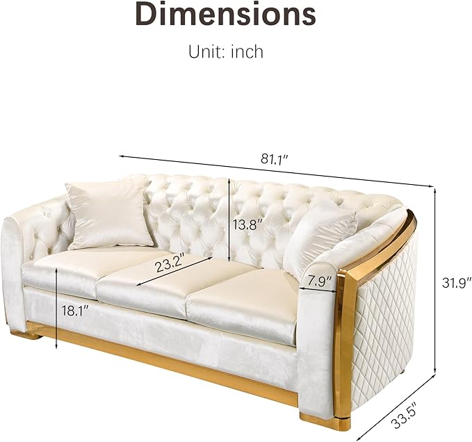 Golden Trimmed Chesterfield Sofa for Living Room Modern Elegant 81'' Button Tufted Curved Arm Velvet Couch with Golden Legs for Lounge Extra Higher Backrest Easy Assembly Cream Beige