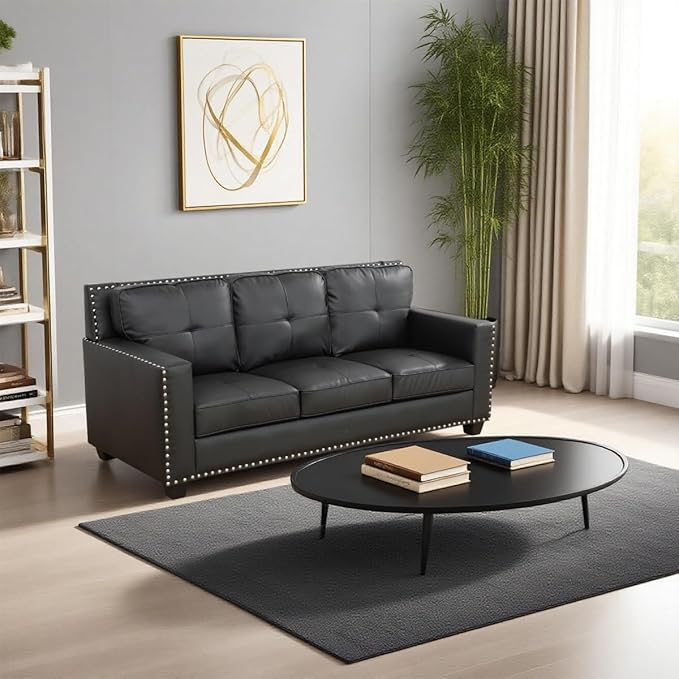 Modern 3-Seater Sofa with Softy Backrest Cooper Nail Comfortable Large couches for Living Room with Overstuffed Cushion Modern Leather Couch Set for Bedroom Apartment(Black-Faux LeatherSofa)