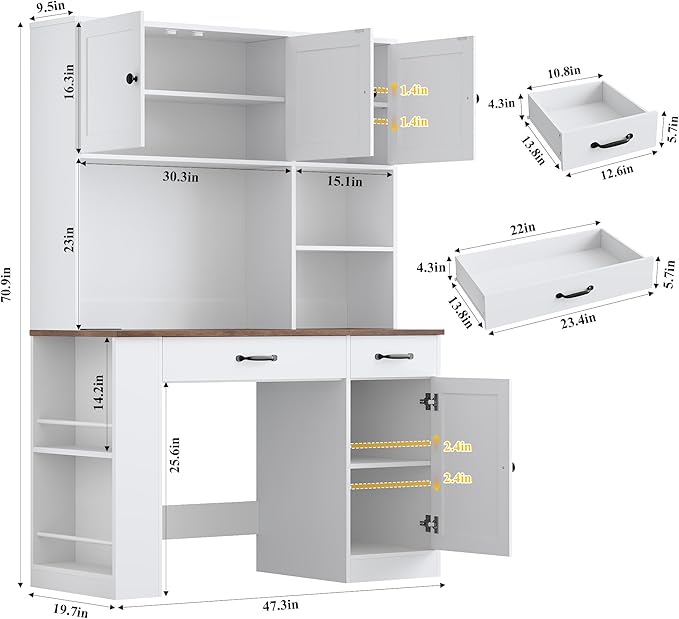 Keyluv 71 Tall Computer Desk with Hutch Cabinet Home Office Desk with Storage Drawers Shelves and Side Rack Wood Executive Desk with Doors Outlet Station and Smart LED Lights White