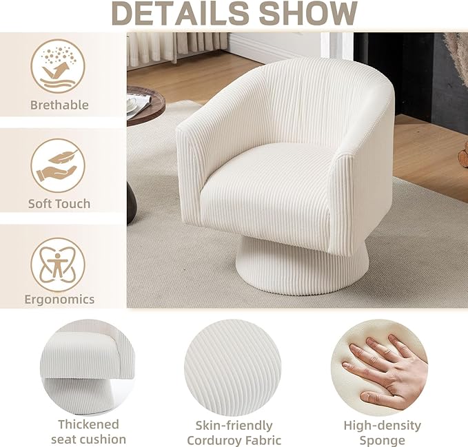 Swivel Accent Chair Modern 360° Barrel Chair Corduroy Upholstered Single Sofa for Living Room Bedroom(Beige)