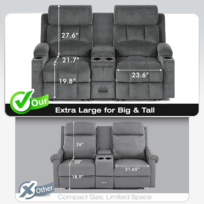 Oversized 72 Loveseat Recliner Sofa with Console Manual Double Reclining Sofa with USB Ports Cup Holders &amp 2 Phone Holders for Living Room Home Theater Game Room (Gray Velvet)