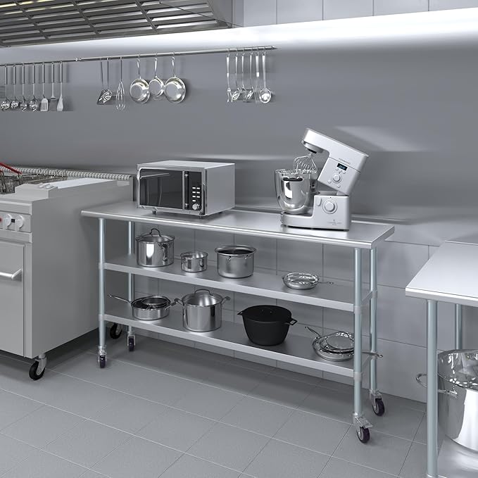 AmGood Stainless Steel Work Table with 2 Shelves and Casters | Metal Utility Table On Wheels (Stainless Steel Work Table with 2 Shelves + Casters 72 Long x 18 Deep)