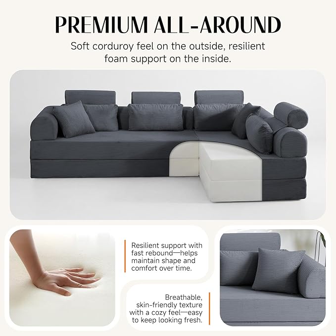 106 L-Shaped Modular Boneless Couch 2-Piece System (2×70.87) Convertible Sectional to 141.7 Straight Sofa Corduroy Couch in a Box Headrest &amp Back Pillows for Living Room Dark Blue