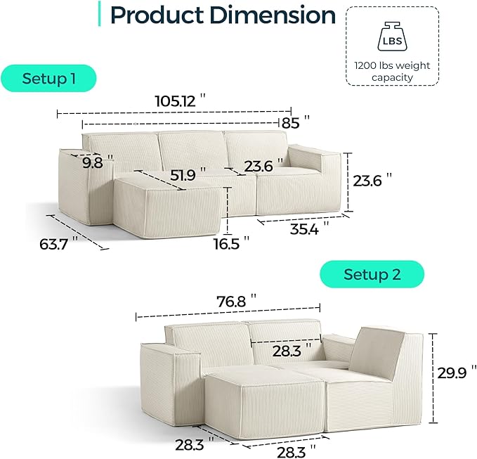 LINSY HOME Modular Sectional Sofa 105 Boneless Couch L Shaped 3-Seat Sofa with Movable Ottoman Corduroy Sectional Cloud Couches for Living Room No Assembly Required Beige