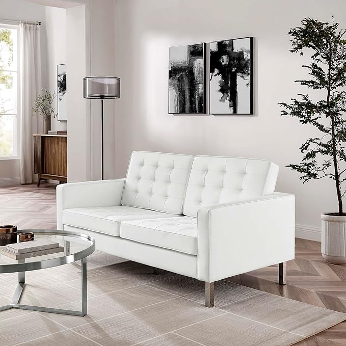 Modway Loft Tufted Button Faux Leather Upholstered Loveseat in Silver White