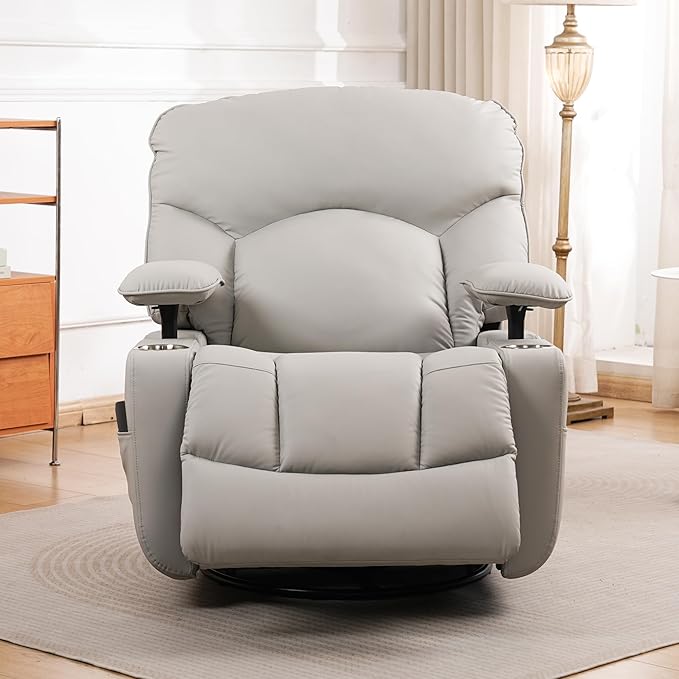 GRAINELL Rocking Chair Nursery Electric Swivel Recliner Glider with Adjustable Armrests Nursing Chair with USB Charger Cup &amp Blanket HoldersGrey PU Leather