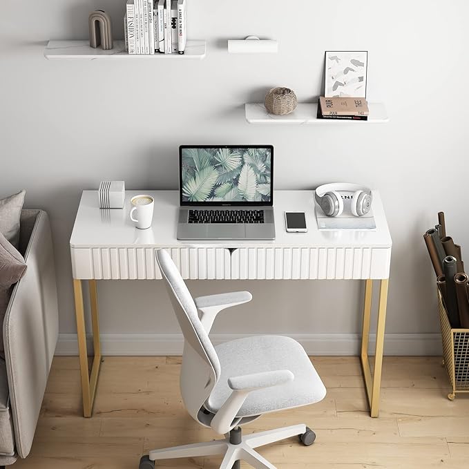 Elegant Modern Desk 2 Drawers Gold Legs 43.3x15.75 inches Home Office Makeup Vanity Computer Writing Study Entryway Sofa Table