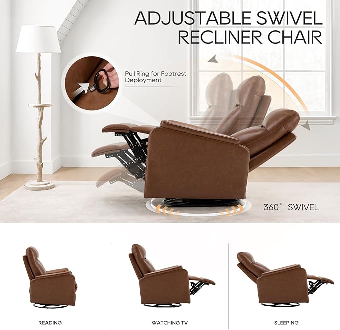 COLAMY Recliner Chair Living Room Sofa Home Theater Seat PU Leather Couch with Footrest Cushion Swivel Rocker Modern Bedroom Glider Chairs Cocoa