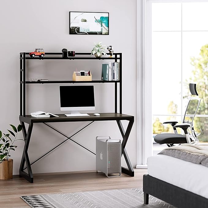 47 Industrial Desk with Shelves Study Writing Ladder Desk with Bookshelf Computer Desk with Hutch PC Workstation Gaming Table for Home Office Metal Frame Brown