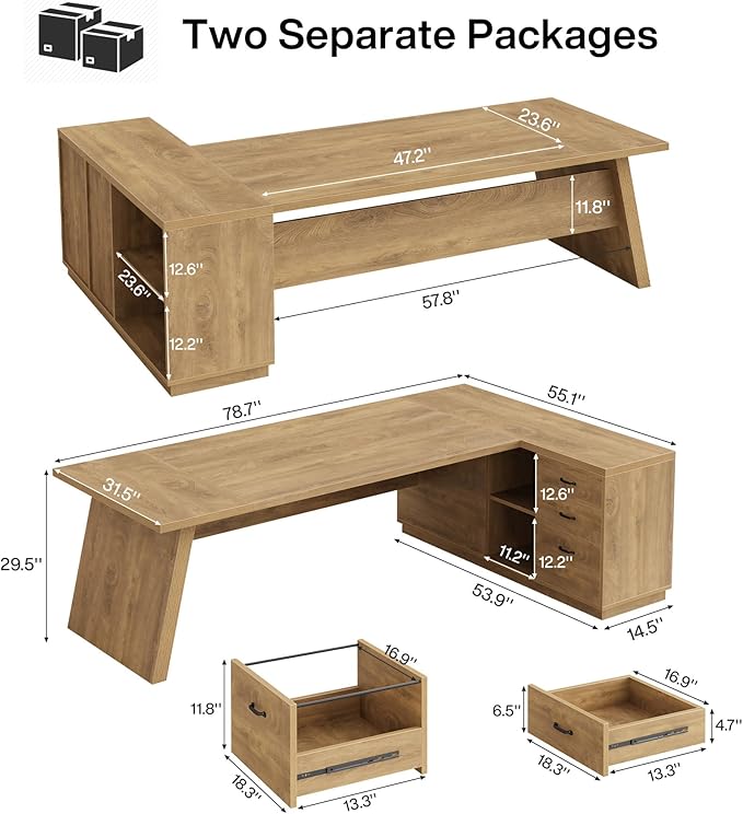 Tribesigns 78 L-Shaped Executive Desk Large Modern Office Desk with Drawers and Lateral File Cabinet Business Furniture with Storage Shelves Big Computer Table for Home Office (Brown)