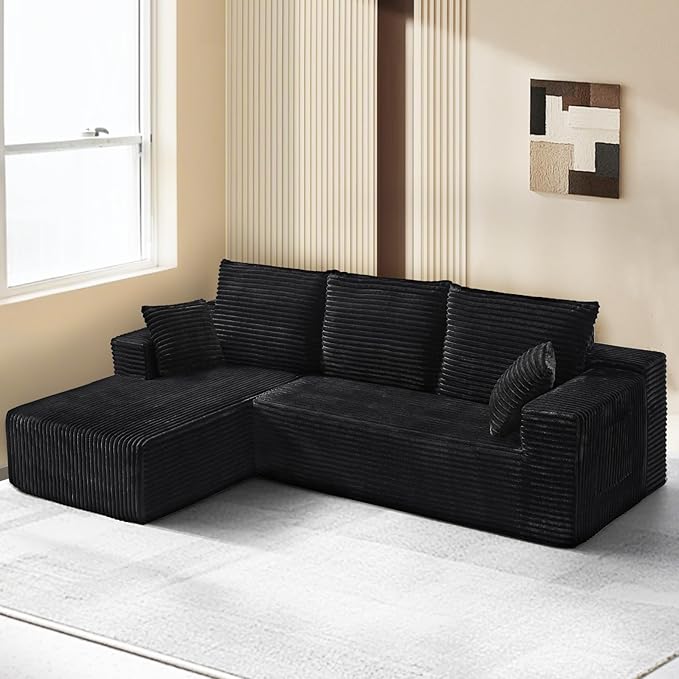 106'' Cloud Sectional Couch with L-Shape Chaise Boneless Modular Sofa with Deep Seat Modern Corduroy Couch for Living Room No Assembly Required. (Black Left-Facing Chaise)