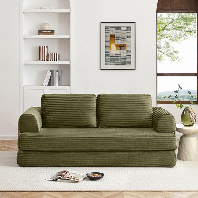 HANXIN 80 Inch Convertible Sleeper Sofa Bed High Back Plush Corduroy Folding Floor Mattress Couch with Fixed-Shape Frame Boneless Futon Loveseat with Pull Out Bed No Assembly Required (Green)