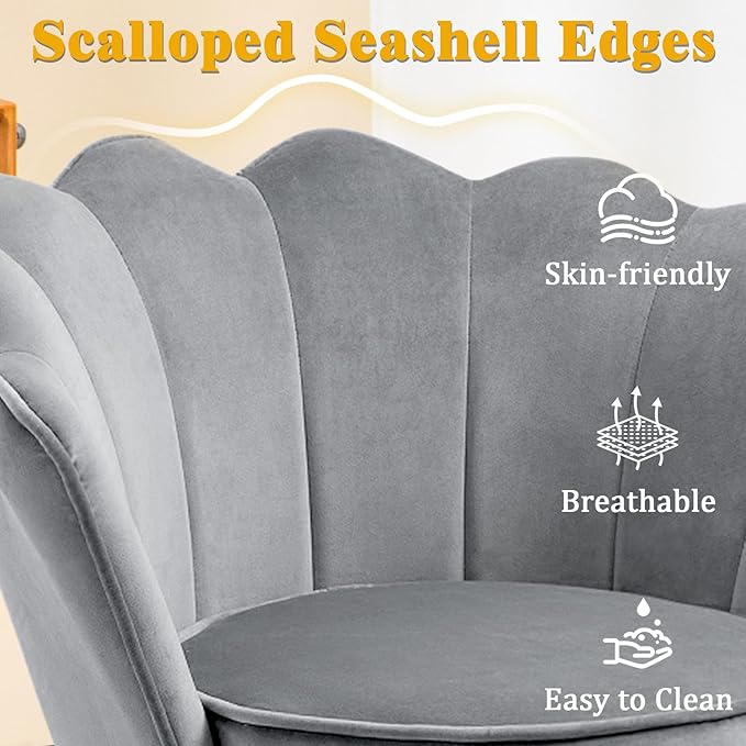 Accent Chairs Set of 2 for Living Room Velvet Upholstered Makeup Room Vanity Chair with Back Golden Metal Legs Small Accent Side Chair for Bedroom Cloud Chair Set 2 Pcs Light Grey
