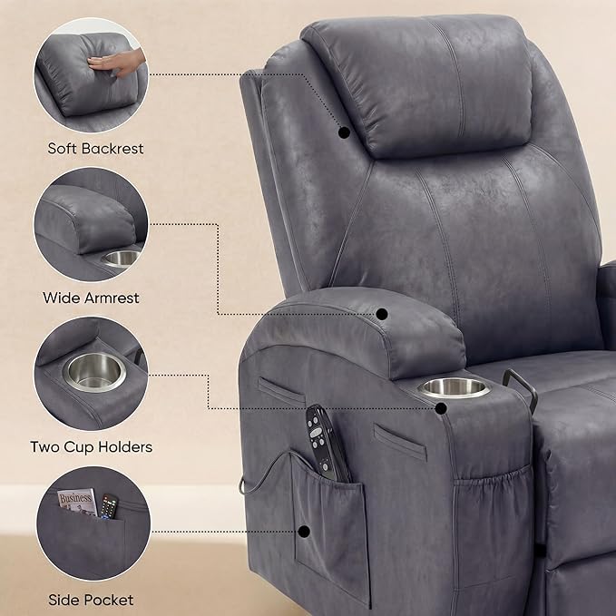 Flamaker Swivel Rocker Recliner for Adults 360 Glider Rocking Chair with Vibration Massage Upholstered Recliner Chair with 2 Cup Holders &amp Side Pockets for Living Room Nursery (Leathaire Grey)