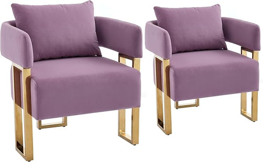 YITAI Modern Accent Chairs no Wheels Living Room Side Chairs with Golden Metal Legs Barrel Soft Velvet Upholstered Reading Armchairs for OfficeStudyReception RoomBedroomLoungePurple Set of 2