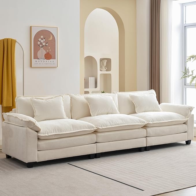 120 Modular Sectional Sofa Comfy Cloud Couch Sectional Sofa Chenille Sofa Sleeper Deep Seat Sofa with Throw Pillows for Living Room (Beige White 120- 3 Seater)