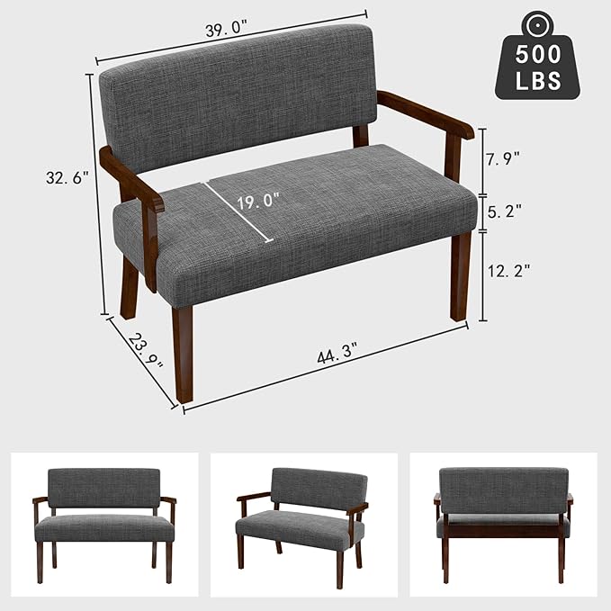 Accent Chair 2 Seat Upholstered Reading Leisure Chair Bench with Solid Wood Frame (Gray)