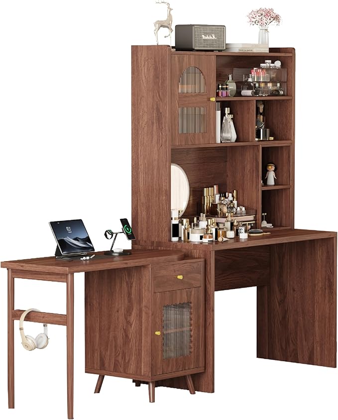 Bellemave Computer Desk with 90 Degree Rotating Desktop 43x70 Inch Home Office Desk with Drawer and Storage Cabinets Gaming Desk with Shelves Writing Desk for Study (Walnut)