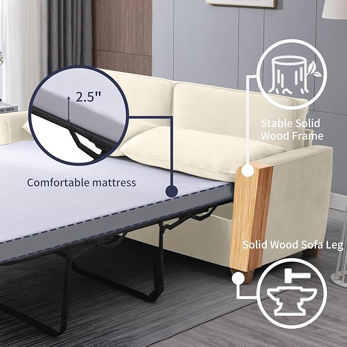 ZAFLY 70 Pull Out Sofa Bed Convertible Sleeper Sofa with Memory Foam Mattress Velvet Modern Couch Bed for Home Apartment Easy Assembly - Beige