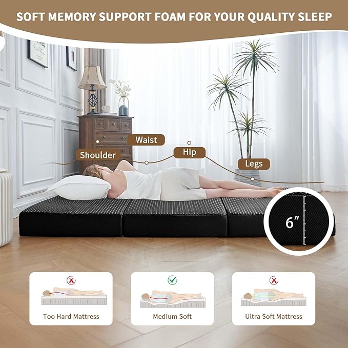 CYMULA Folding Mattress Queen Size Memory Foam 6 inch Tri Portable Trifold Mattress Futon Topper Queen with Breathable &amp Washable Cover Murphy Bed Guest BedBlack (58x75x6)