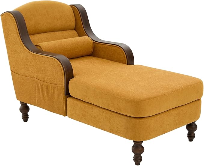 Upholstered Oversized Chaise Lounge Chair Solid Wood Frame Comfy Arm Chair with Thick Double-Layer Cushion Curved Armrests Modern Overstuffed Sleeper Recliner for Bedroom Living Room (Yellow)
