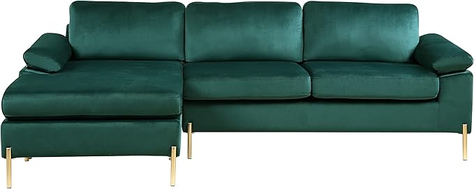 Favfurish 101 Velvet Upholstered Sectional Sofa with Chaise and Pillow Arms L-Shaped Solid/Manufatured Wood Loveseat Couch W/Removable Back &amp Cushionsfor Living RoomBedroomOfficeGreen