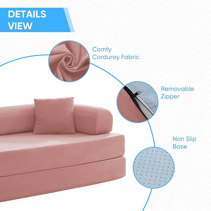 Mjkone 78.7 W Convertible Folding Mattress Couch with Armrest Corduroy Floor Sofa Bed with Metal Fixed-Shape Frame 5-in-1 DIY Futon Lazy Sofa Cama Lounge Couch for Living Room Bedroom Studio Pink