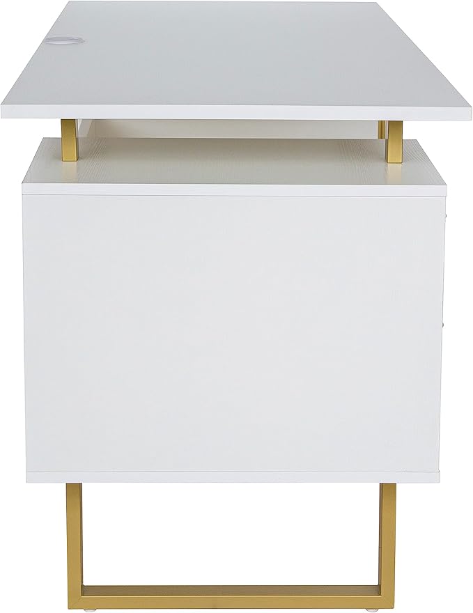 Techni Mobili Storage Drawers and Cabinet 51.25” W-Modern Office Large Floating Desktop Surface Desk 23.6 D x 51.2 W x 29.8 H White/Gold